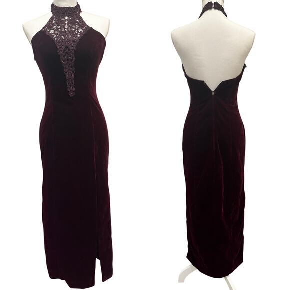 Vintage 90s Zum Zum Burgundy Velvet Glitter Lace Halter Gown Whimsygoth Witchy - Picture 1 of 10